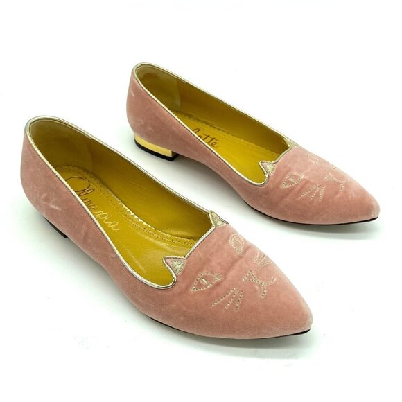 Charlotte Olympia Mid Century Kitty Cat Pink Velvet Pointed Flat EU 36 US 5.5-6 - Picture 4 of 12